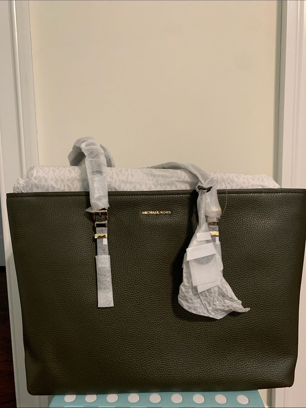Michael Kors Olive Green Pebble Leather Tote with Gold Hardware